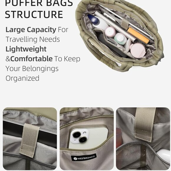 Luxurious Quilted Tote: Soft, Spacious & Stylish Khaki Bag with Laptop Pocket - Picture 3 of 6